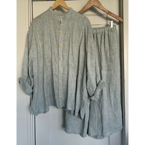 Large FLAX by Jeanne Engelhart Linen 2-Piece Button Shirt/ Capri Blue/green